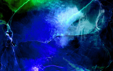 Dark indigo blue alcohol ink neon abstract background. Glowing flow liquid watercolor paint splash texture effect illustration for card design, modern banners, ethereal graphic design