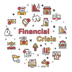 Vector color linear icon round set of financial crisis
