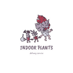 Cute kawaii houseplants family characters. Monstera, cactus and sprout. Plants delivery logo, print, stamp, pin etc.