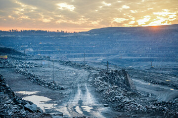 Production Mining of granite stone by quarrying machines in Mikashevichi