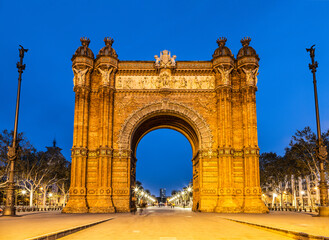 Arc de Triomphe in Barcelona at night, Catalonia, Spain