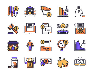 Vector color linear icon set of financial crisis, bankruptcy
