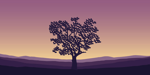 lonely big tree on mountain landscape in purple colors vector illustration EPS10