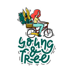 Young and free. Girl or woman is riding a bike with a box of potted plants. Cute female character hand drawn doodle style illustration