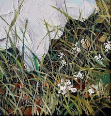 Floral pattern. Randomly intertwined different plants, grass and white flowers, in the field. Oil painting on canvas.            