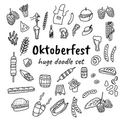 Oktoberfest doodle style hand drawn doodles. Cartoon glass of beer, can, bottle, apron, kebab, franch fries, hop and other illustrations.