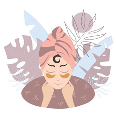 Young woman in pink towel on head and golden hydrogel patches under eyes. SPA, health and beauty treatment concept. Close up view. Vector cartoon illustration with tropical leaves