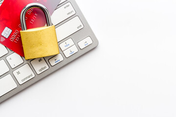data security concept with credit card on white table top view copy space