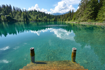 Landscape panorama of Crestasee - Lake Cresta in June, municipalities of Flims and Trin in the...