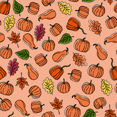 Thanksgiving seamless autumn leaves and pumpkin pattern. Hand drawn doodle style background for wallpaper, fabric, tablecloth etc.