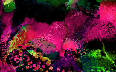 Vivid neon dark blue, pink and purple alcohol ink background. Abstract liquid watercolor paint splash texture effect illustration for modern card design, creative banners, ethereal graphic design © KatMoy