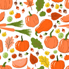 Thanksgiving seamless pattern with pumpkins, autumn leaves, carrots, acorns and apples. Hand drawn cartoon style background for wrapping, wallpaper, apparel, home decor etc.