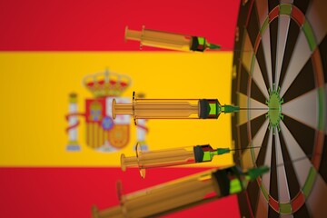 New Coronavirus vaccine syringes with text and flag of Spain as a background. Spanish Medical research and vaccination, 3D rendering
