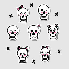 Kawaii cute Halloween skull stickers hand drawn cartoon doodle style set