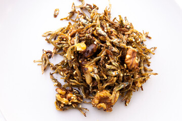 Soy sugar glazed anchovies and walnut which is called Hodu Myulchi Bokkeum