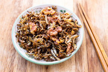 Soy sugar glazed anchovies and walnut which is called Hodu Myulchi Bokkeum