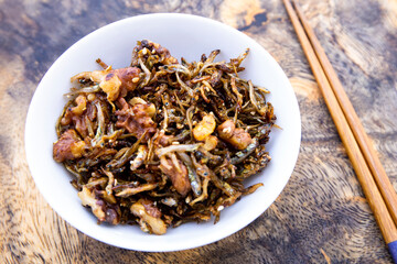 Soy sugar glazed anchovies and walnut which is called Hodu Myulchi Bokkeum
