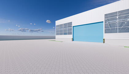 Warehouse or industry building exterior. Use as distribution center for loading, storage, warehousing, shipping and freight forwarding of cargo. Outdoor floor paving with brick stone. 3d render.