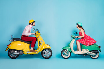 Full size profile side photo of dreamy romance two people driver rider motorcyclist drive motor bike send air kiss om high speed wear formalwear clothes isolated over blue color background