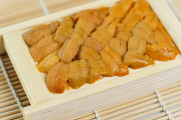 Japanese sea urchin in wooden tray , sushi and sashimi ingredients