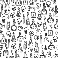 Potion bottles, eyes and skulls seamless pattern. Hand drawn doodle style black and white fabric background.