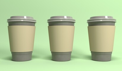 Disposable paper cup with a lid on a pleasant mint background. Environmentally friendly materials. 3D rendering