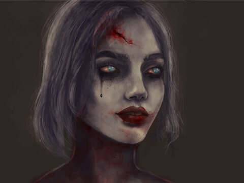 Female zombie woman portrait. Vector illustration.