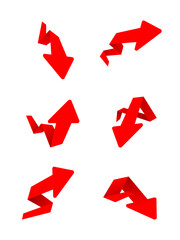 Vector arrows 3D - set of isolated red vector polygonal arrows with different directions - down, up and right