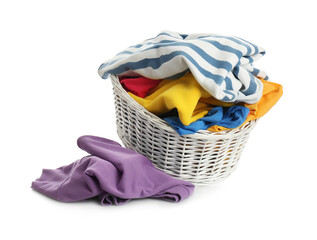 Wicker laundry basket with different clothes isolated on white