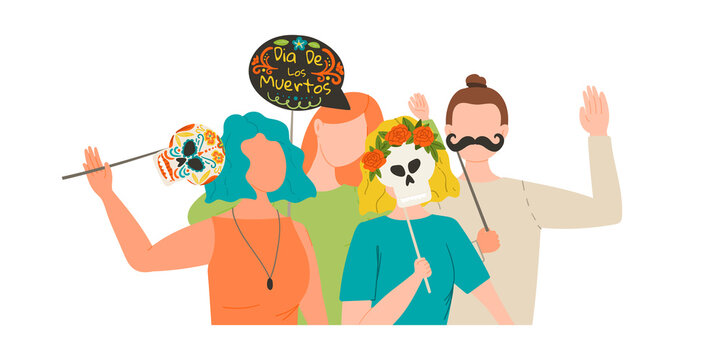 Dia De Los Muertos. Day of the Dead. Group of friends make holiday photo with photosticks.