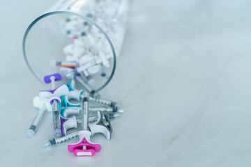 Group of plastic syringe for filler injection  on white background. filler needle