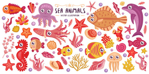Big collection of cute cartoon sea animals isolated on white background