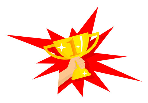 First place golden cup award inside starburst explosion - vector isolated icon or illustration