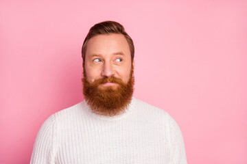 Close-up portrait of his he nice attractive cheery curious foxy man looking aside creating new business plan isolated over pink pastel color background