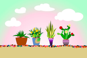 The abstract drawing picture of four beautiful ornamental plants for background, Gift Wrap ,wallpaper, fabric print, cloth texture, illustration.