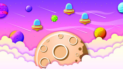 Light Sky Space Background Vector With Ufo Planet Clouds