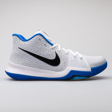 VIENNA, AUSTRIA - AUGUST 7, 2017: Nike Kyrie 3 white and blue sneaker on white background.