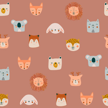 Cute kids seamless pattern with animals, lion, fox, koala bear, leopard, deer, cat in cartoon style. Editable vector illustration.