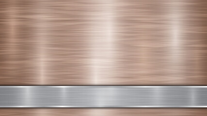 Background consisting of a bronze shiny metallic surface and one horizontal polished silver plate located below, with a metal texture, glares and burnished edges