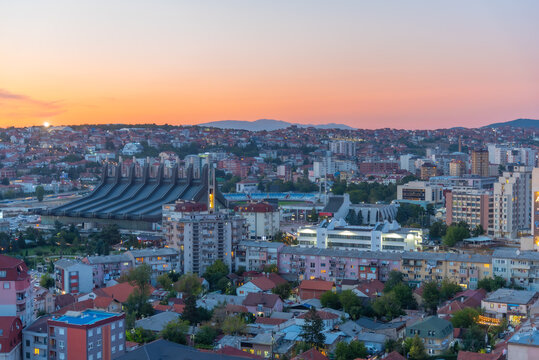 Sunset view fo landscape of Prishtina with Palace of Youth and Sports in Kosovo