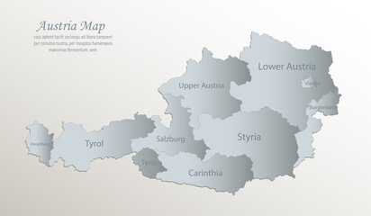 Austria map, administrative division with names, white blue card paper 3D vector