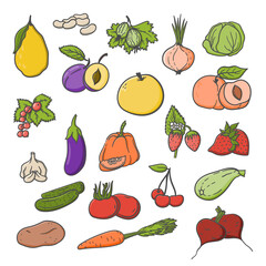 Vegetables, fruits and berries hand drawn cartoon doodles illustration for poster, banner, advertisment etc.