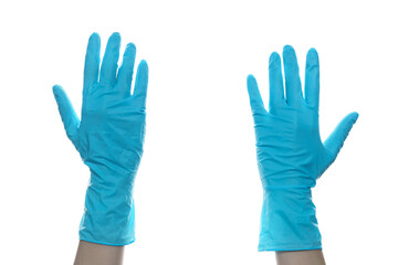 Obraz premium Woman hand wearing a blue rubber medical glove on white isolated background.