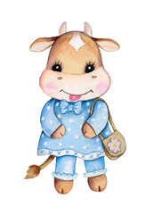Cute cartoon cow girl in blue dress, adorable toy animal. Watercolor hand drawn illustration, isolated.