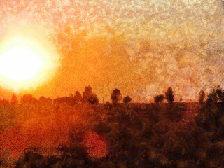 abstract art evening sunset vintage painting