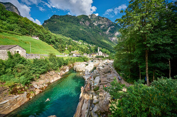 Landscape panorama of Swiss village Lavertezzo, Verzasca Valley, canton of Ticino, Switzerland                  