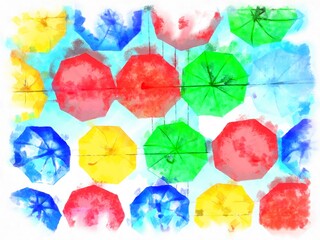 Fototapeta na wymiar colorful umbrellas in the sky watercolor