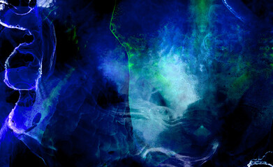 Dark indigo blue alcohol ink neon abstract background. Glowing flow liquid watercolor paint splash...
