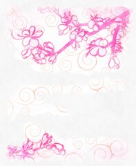 pink watercolor line draw blossoming tree template