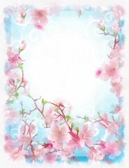 watercolor pink cherry flowers frame with blue background